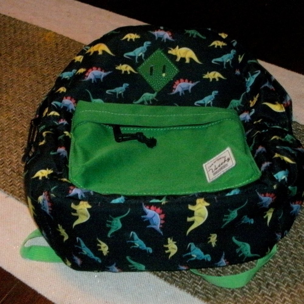 Vaschy Kids Backpack Book Bag Black & Green with Multicolor Dinosaurs 14x12"